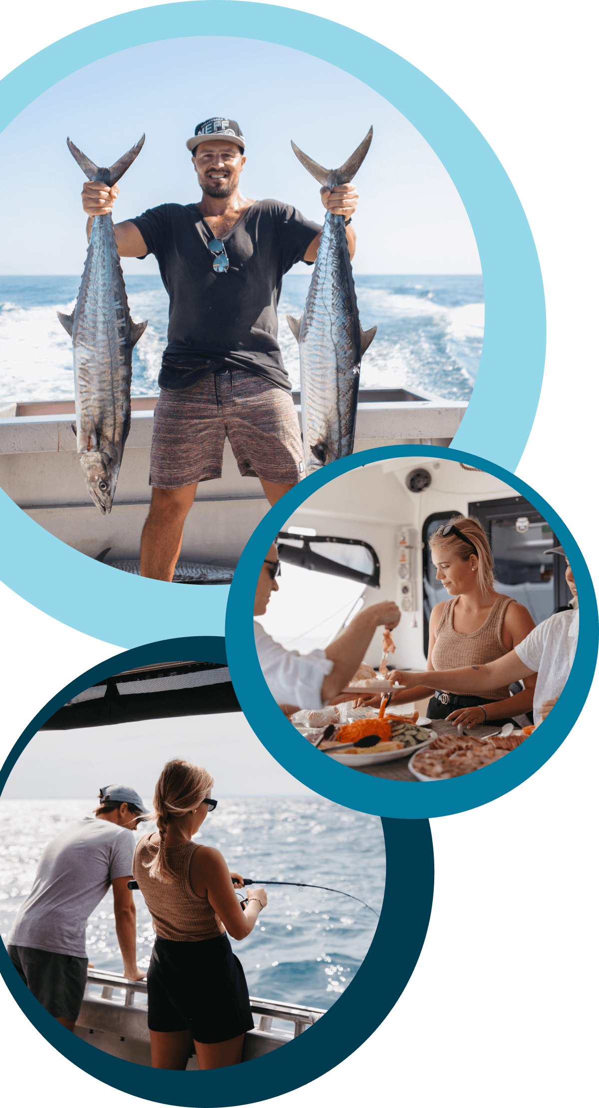 Collage of people fishing on reef fishing charter